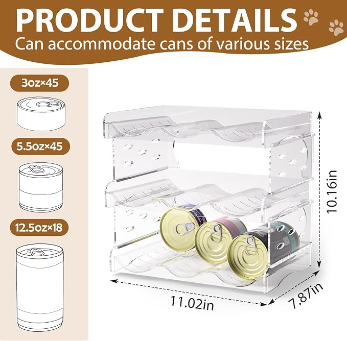 Flenpptly Cat Food Can Organizer, 3-Tier Cat Food Organizer | Transparent Can Organizer for Pantry, Canned Food Organizer Holds 45 (3oz) Cans, Pantry can Organizer (2-Tier 3-Can)