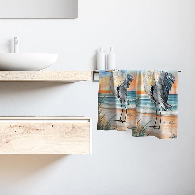Giwawa Heron Towel Set of 2 Watercolor Summer Coastal Sea Bird Decorative Hand Face Towels for Bathroom Guest Nautical Beach Themed Microfiber Kitchen Dish Towel for Hotel Gym Spa Season