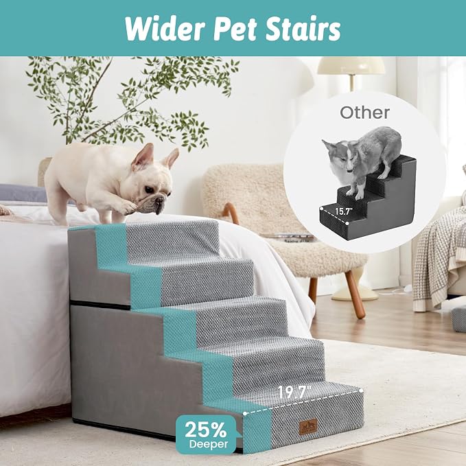 COZY KISS Dog Stairs for Small Dogs, 5 Step Pet Stairs for Beds & Couches | 23.6" H Wide Non-Slip Dog Steps with Removable Tiers & Support Board for Puppies, Older Cats & Dogs, Grey