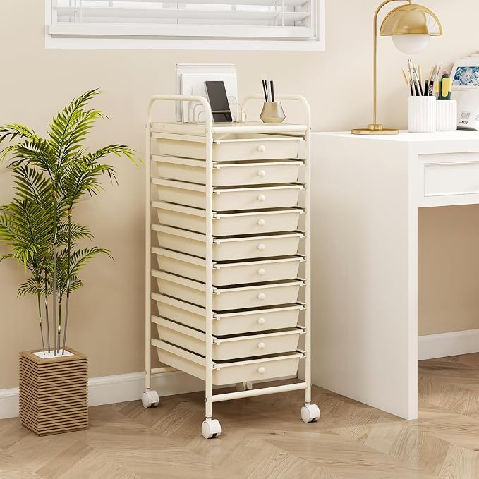 10 Drawer Rolling Storage Cart, Organization Cart on Drawers for Craft Makeup Paper Tool Art Supply, Versatile Utility Cart on Wheels for Home Office Classroom School (White)
