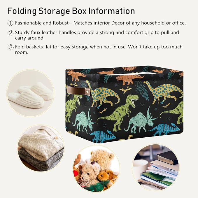 Dinosaur Pattern Storage Basket Bin, Large Cube Storage Box Canvas Collapsible Storage Organizer for Home Office Closet - 15 L x 11 W x 9.5 H