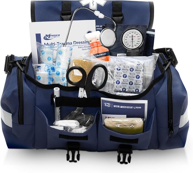 MFASCO Trauma Bag First Aid Kit Emergency Response Supplies Blue | Emergency Response First Aid Kit for Businesses & Organizations | Trauma Bag Supplies | Disaster Preparedness | 415 Pieces