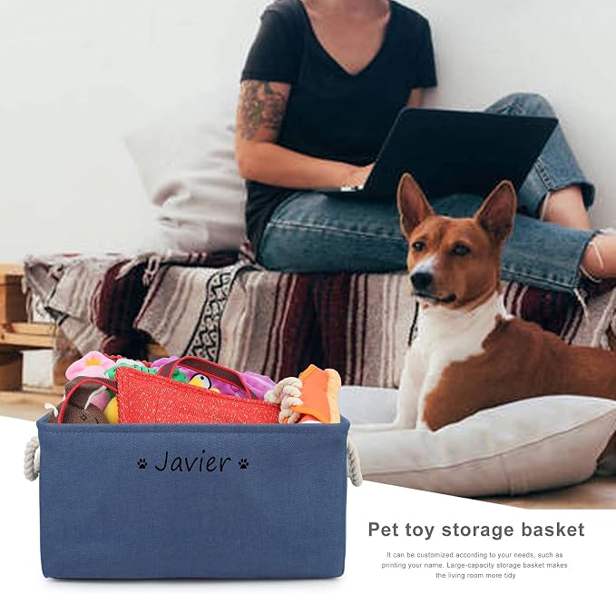 Personalized Dog Toy Storage Basket Bin, Customized Pet's Name Storage, Collapsible Organizer Box for Dog Toys, Clothing, Apparel & Accessories (Navy blue, L)