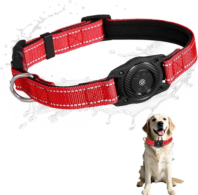 Air Tags Dog Collar, Waterproof Pet Collar with Air-Tag Chip for Apple Find My (iOS only) (Red, L)