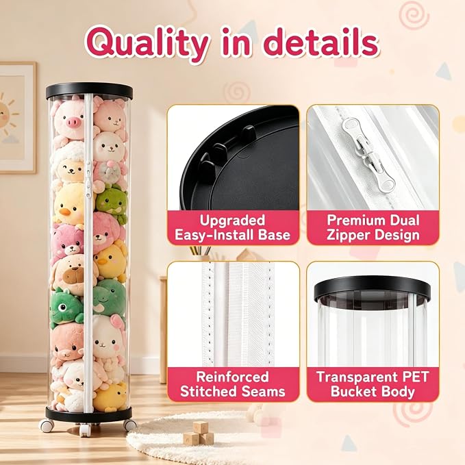 Large Stuffed Animal Storage Tube with Wheels, Tall Toy Organizer with Double Zipper, WhiteClear PET Cylinder Container for Plush Toy Organization, Space Saving Kids Room Storage,Black