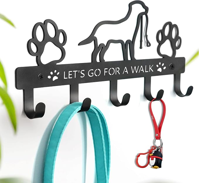 PET ARTIST Dog Leash Holder for Wall, Metal Dog Leash Hooks for Wall Decorative, Dog Leash Hanger Organizer Wall Mount with 5 Hooks, Dog Stuff Storage Organizer for Key Holder Dog Collar and Leash Set