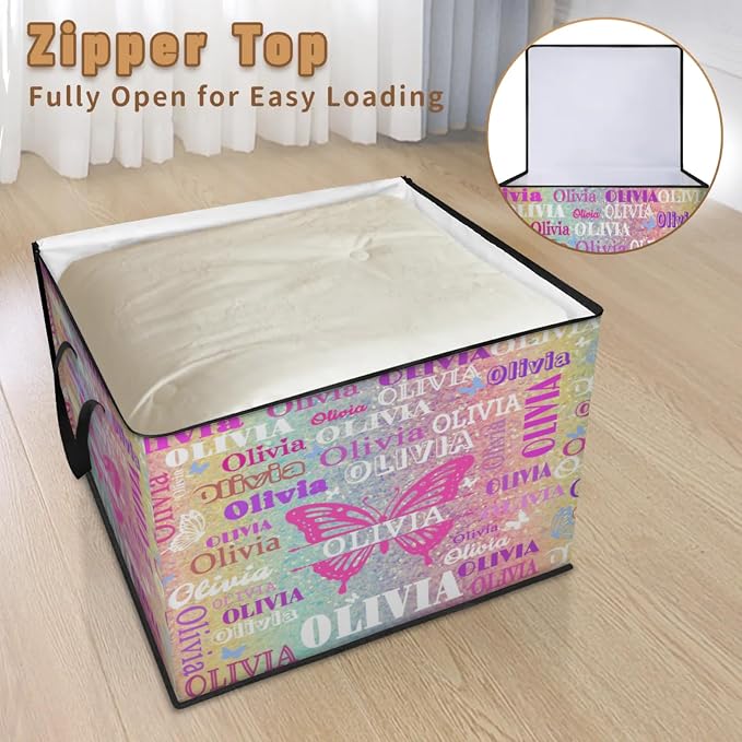 Personalized Extra Storage Bins with Lid, Customized Name Butterfly Storage Basket Rectangle Clothes Organizer for Organizing Kids Toys Shelf Closet, Yellow Pale Turquoise Pink Glittering
