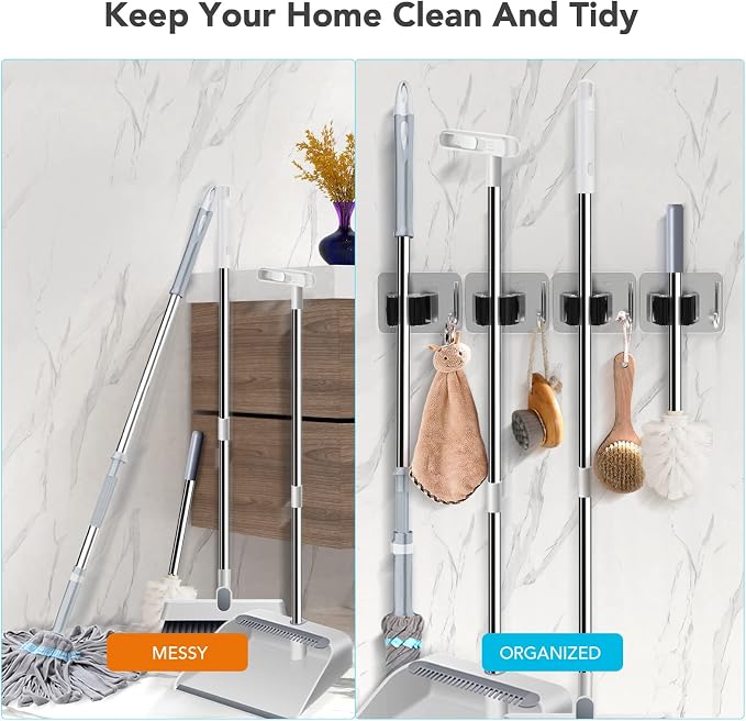 homeasy Mop Broom Holder No Drill, Mop Broom Organizer Wall Mounted Heavy Duty with Hooks Hanger, Self Adhesive Stainless Steel 4Pcs for Bathroom, Kitchen, Office (Multicolor)