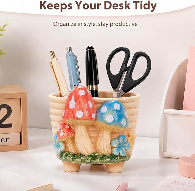 Ceramic Mushroom Shaped Pen Pencil Holder for Desk Decoration Accessories Mushroomb Decor Makeup Brush Pen Cups Office School Ideal Gifts for Women, Mom or Birthdays