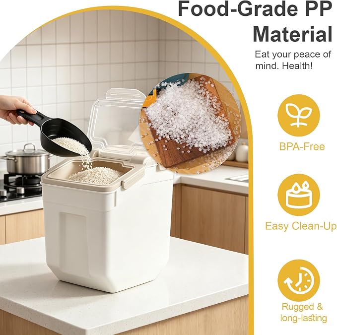 Saim 50lb Flour & Rice Storage Container Bin (4Pack Grey) | BPA free plastic with seal lid, rolling wheels and measuring scoop for rice, flour, cereal and grain one-hand scooping
