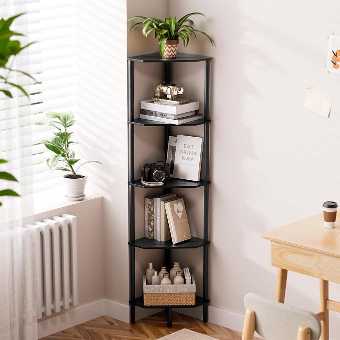 5-Tier Black Corner Shelf, Bamboo Corner Bookshelf, Indoor Plant Shelf, Kitchen Free Standing Shelf Storage Organizer, Tall Narrow Bookcase for Small Spaces, Bedroom, Living Room, Office