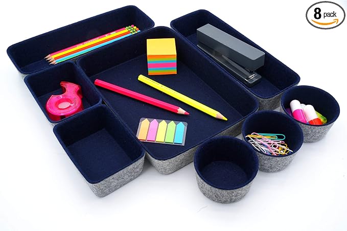 Welaxy 8pc office desk drawer organizer tray felt Storage bins Shallow Navy