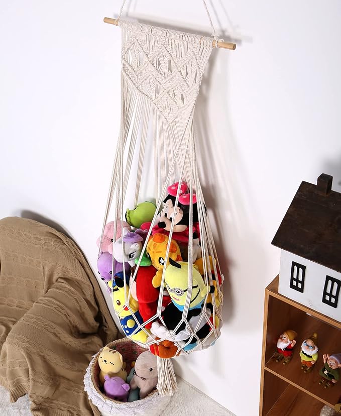 Stuffed Animal Hammock Wall Hanging Net for Stuffed Animal Storage Plush Toy Holder Macrame Toy Display for Boho Kidroom Decor Nursery Organizer (Cream)
