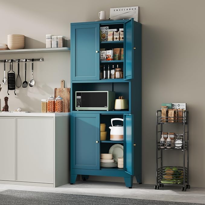 YAUWOH 69" Tall Metal Pantry Cabinet with Microwave Shelf, 4 Doors & 3 Adjustable Shelves, 120LBS Per Shelf Heavy Duty Storage Cabinet with Anti-Tip Design for Kitchen,Dining Room (1PC,Blue)