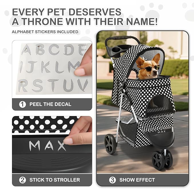 MoNiBloom Pet Stroller for Small/Medium Dogs and Cats, Black Polka Dots | Foldable Dog Stroller 3 Wheels Pet Strolling Cart w/ Storage Basket Cup Holder, Breathable and Visible Mesh for All-Season