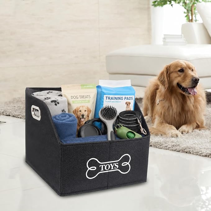 Large Dog Toy Storage Bin, Foldable Trapezoid Box with Handles | Canvas Fabric,Large Capacity, for Pet Supplies,Pet Toy Organizer Basket, Sturdy Metal Handles ,Easy Carry pet storage-Black