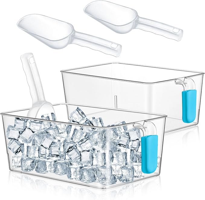 Havawish Ice Storage Bin and Flexible Scoop Set Plastic Freezer Bin | Freezer Ice Bin Scoop, Clear Bucket Container, Pull Handle, Flexible Storage, 10.83 X 7 X 4.33 in