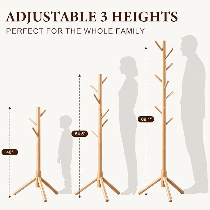 Wooden Coat Rack Freestanding | Coat rack with 8 Hooks & 3 Adjustable Sizes for Clothes, Space-Saving Design for Bedroom Office Entrance Holds Hats Coats