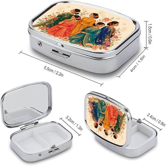 Elegant Women in Traditional Sarees Two Compartment Pill Box Medicine Organizer, Portable Pill Case with Secure Snap Closure for Vitamins Medication Supplements Daily Use