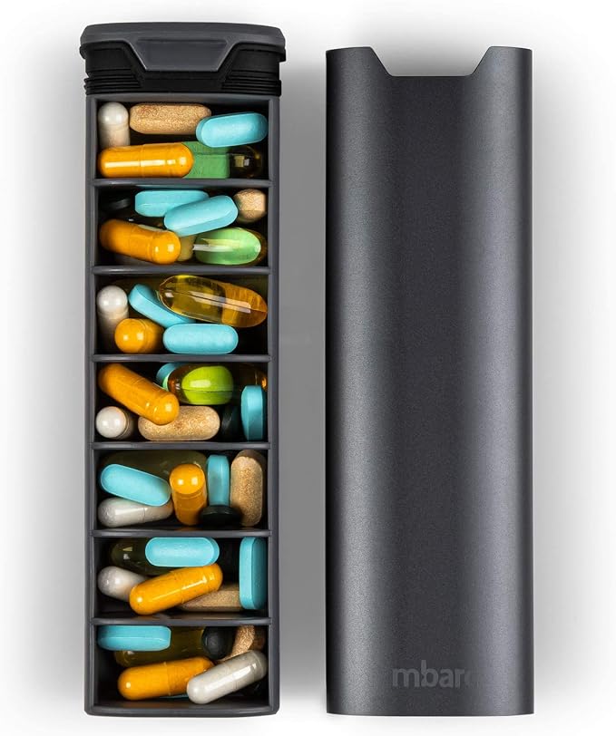 HigherHuman 7 Day Weekly Pill Organizer 2.0 by mbarc - Premium Stylish Aluminum and Wood Large Capacity Pill Box for Supplements, Pills, Vitamins and Medication. (Steel Grey)
