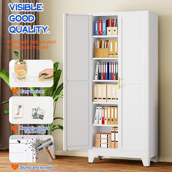 GAIOUS 75''Tall Metal Garage Storage Cabinet,File Cabinet with Door and Adjustable Shelves, Outdoor Steel Tool Cabinet for Home,Office,Warehouse,Garage,White