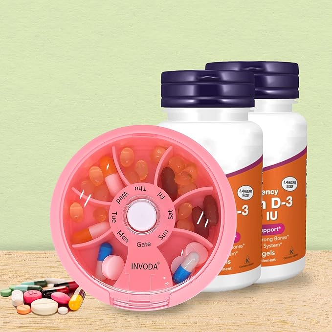 INVODA Weekly Pill Organizer 7 Compartment Rotating Pill Box for Daily | Cute Round Pill Organizer Fit purse pocket or backpack Portable Travel Pill Case for Fish Oil Supplements Vitamins Medication