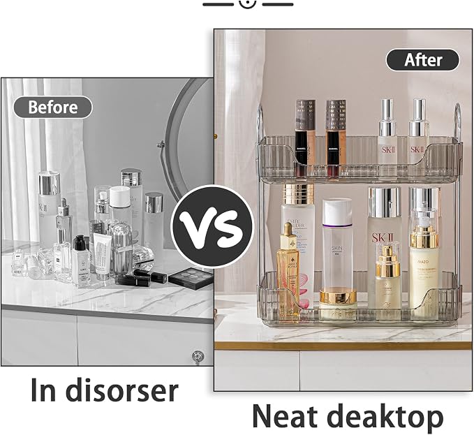 shuang qing 2 Tier Bathroom Counter Organizer Countertop Storage, Cosmetics Skincare Shelf Organizer, Makeup Organizer Perfume for Dresser Vanity Tray, Spice Rack Organizer for Kitchen (Grey)