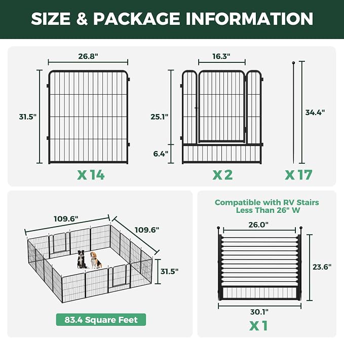 FXW Rollick Dog Playpen with RV Step Grid for RV Camping, 32" H, 16 Panels | Easy Setup & Sturdy, Blocks RV Stair Gaps, Fits RV Steps up to 26"W, For Small & Medium Dogs, Patented