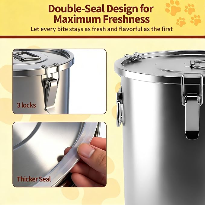 304 Stainless Steel Dog Food Storage Container, 50LB/55LB Airtight Pet Food Container with Locking Lid & Silicone Seal, Large Metal Food Storage Bin for Dry Dog/Cat Food, Rice, Flour (50 LBS)