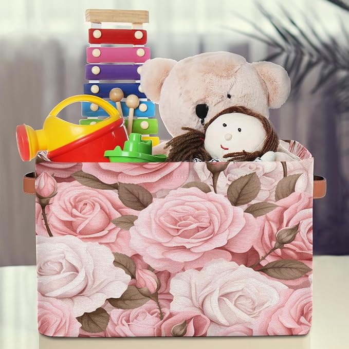 SEULIFE Floral Flower Rose Pink Foldable Storage Basket, Large Collapsible Organizer Storage Bin Cube Toys Storage Boxes with Handles for Bathroom Kids Nursery Closet Storage, 2 Pack