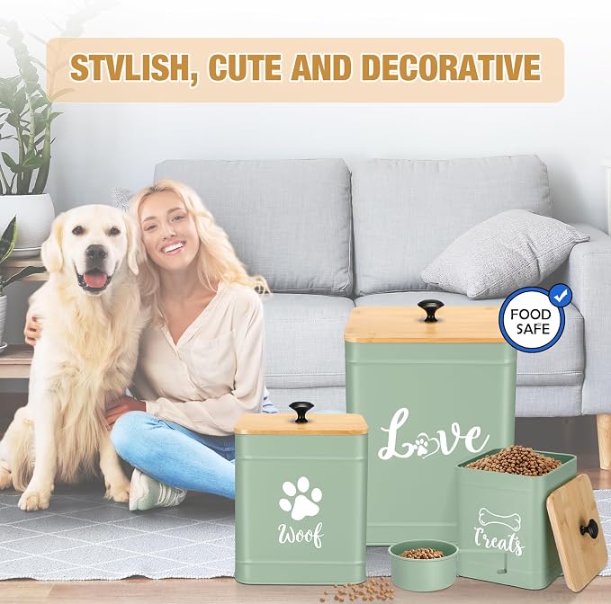 Jingmore Metal Dog Treat Containers Set of 3 with Bamboo Lids and Spoon Airtight 7+3+2 lbs Dog Food Snack Jars with DIY Labels Big Pet Cookie Storage Jar for Kitchen Counter (Sage Green,Cute)