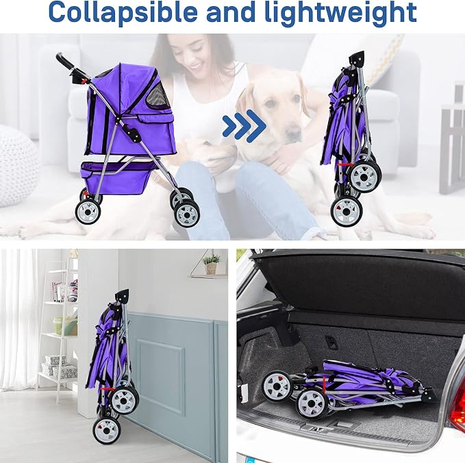 Best 4 Wheels Dog Cat Stroller, Lightweight & Foldable Pet Jogger, Carrier Strolling Cart W/Cup Holders Removable Liner - Purple
