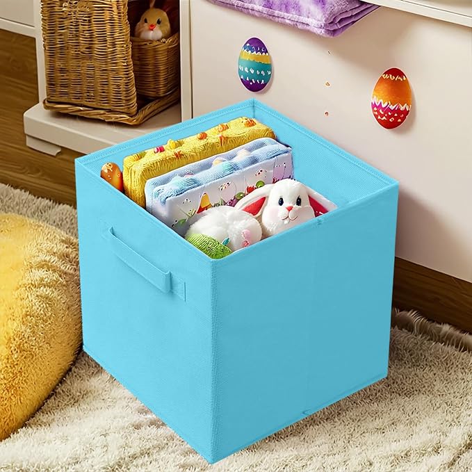 PowerKing Collapsible Storage Cubes, Farbic Storage Bins, Blue, 6 Pack | Sturdy, Lightweight, Easy Pull Handle, Closet & Shelf Organizer, Clothes and Toys Storage, 10.5'' x 11'' x 10.5''