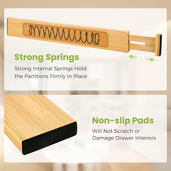 Fyvva Drawer Organizer, Spring-Loaded Expandable Bamboo Dividers 4-Pack | Large Kitchen Drawer Organizer, Adjustable 16.9 to 22.2 in, 2.3in High Non Slip for Kitchen Clothes Bathroom Office Natural