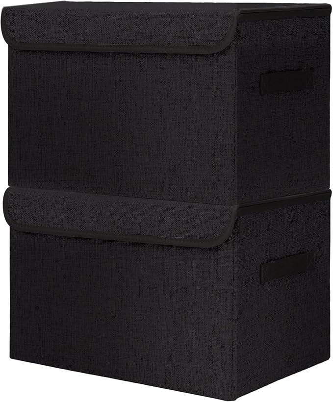 Large 42 Quarts Fabric Storage Bins with Lids [2-Pack] Linen Collapsible Foldable Storage Cubes, Closet Organizer Containers boxes with Handles for Home Office (16.7 x 12 x 12, Black)