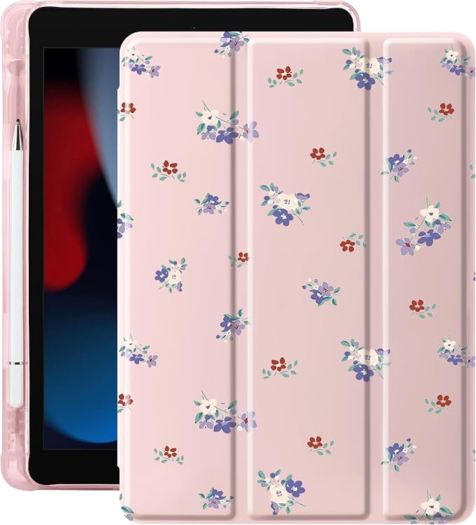 Cute Purple Flower Case for 9.7" iPad 5th/6th Generation, Clear TPU Smart Stand Back Cover with Pencil Holder, Auto Wake/Sleep Foldable Protective Case for iPad 2017/2018