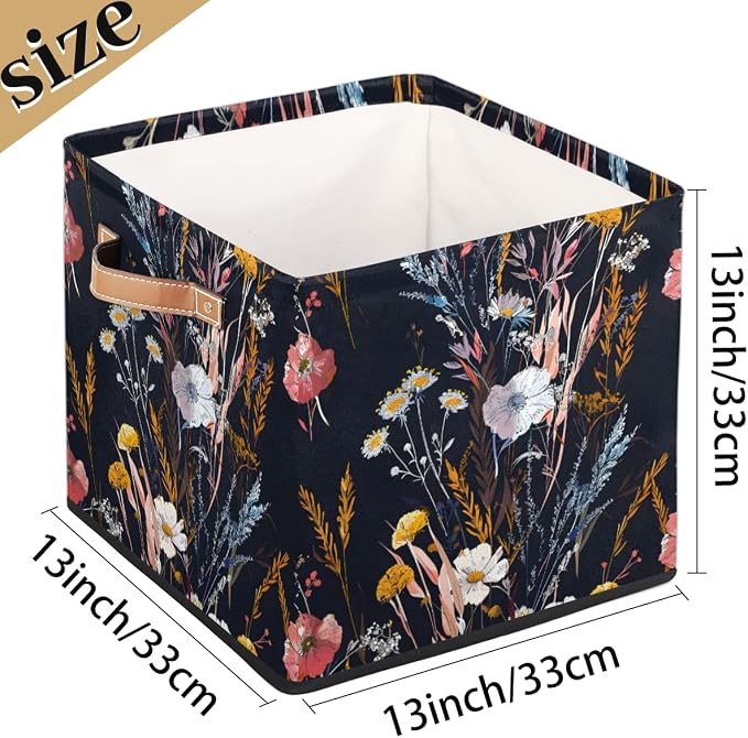 Wildflower Plant Cube Storage Bin, 13 Inch Collapsible Fabric Storage Cubes Bin, Flower Floral Foldable Cube Baskets for Shelf, Closet, Organizer