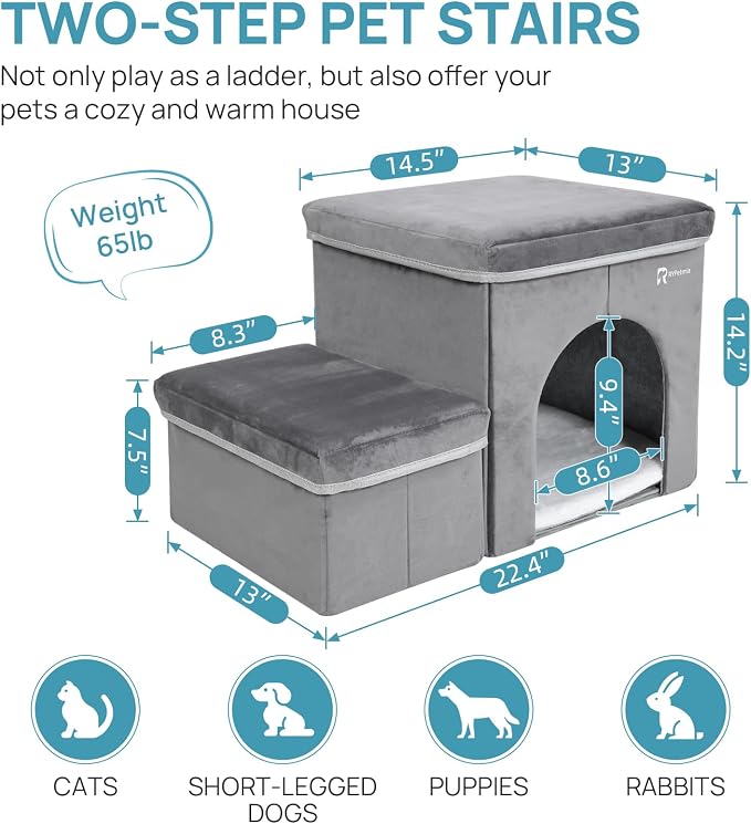 Foldable Pet Stairs with Cozy House & Storage | 2-Step Dog Stairs for High Beds and Couch, Non-Slip Dog Steps for Small & Medium Dogs, Cats, Puppies, Grey