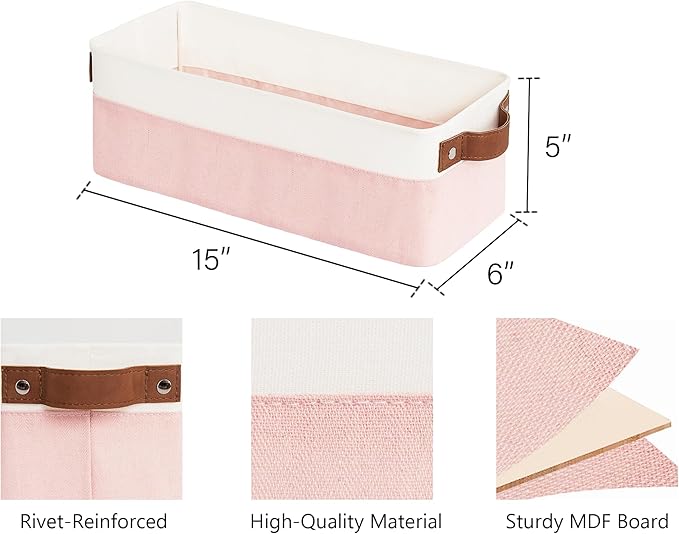 StorageWorks Narrow Fabric Storage Bins, Pink and White, 2-Pack | With Metal Frame, Sturdy Structure, Reinforced Handles, Toilet Paper Storage, Small Storage Bins for Bathroom, Closet, Shelf