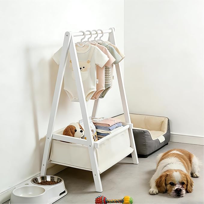 Baby Clothing Rack for Baby Shower, Pets Clothes Rack with Storage Box & Hanging Rod for Dogs/Cats, Mini Dolls Closet Rack, Bamboo Baby Shower Rack for Nursery Room (White)