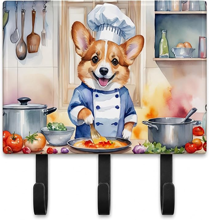 Caroline's Treasures Corgi The Chef Leash or Key Holder Wall Hooks, Key Hooks Holder, Coat Rack Wall Mount, Coat Hooks, Hooks for Hanging Keys, Towels, Aprons, Leashes | Corgi The Chef artwork on ceramic tile with three steel hooks for keys, leashes, t...