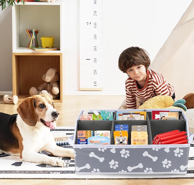 Collapsible Fabric Storage Box for Pet Treats with Dividers - Dog Treat Container Bin - Bone Paw Print