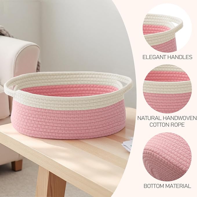 JMvicyroam Small Woven Basket, Empty Gift Basket, White&Pink/3 Pack | Small Gift Basket, Cotton Rope, 12 x 8 x 71 in, Handles, Includes Ribbon and Bag, Birthday Gift Basket