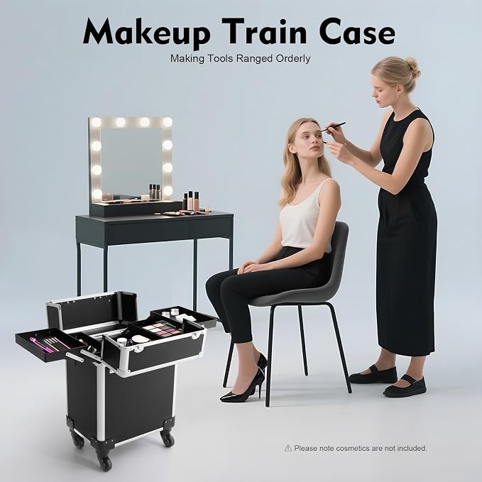 Rolling Makeup Train Case, Aluminum Cosmetic Case Rolling Makeup Trolley Case with Key, Large Storage Cosmetic Trolley 4 Tray with Sliding Rail, Salon Barber Case Traveling Cart Trunk