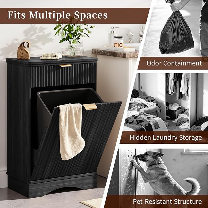 Dog Feeding Station with Storage Cabinet & 2 Elevated Bowls,Hooks,Black | Flip-top Sealed Food Bin.Pull-out Bowl Drawer with Wheels.Side Hooks for Leashes + Internal Shelf for Cans.For Dogs/Cats.