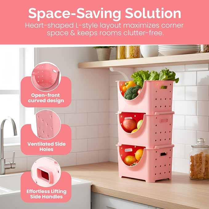 Basicwise Stackable Plastic Storage Container Stacking Bins, Pink (QI003215P)