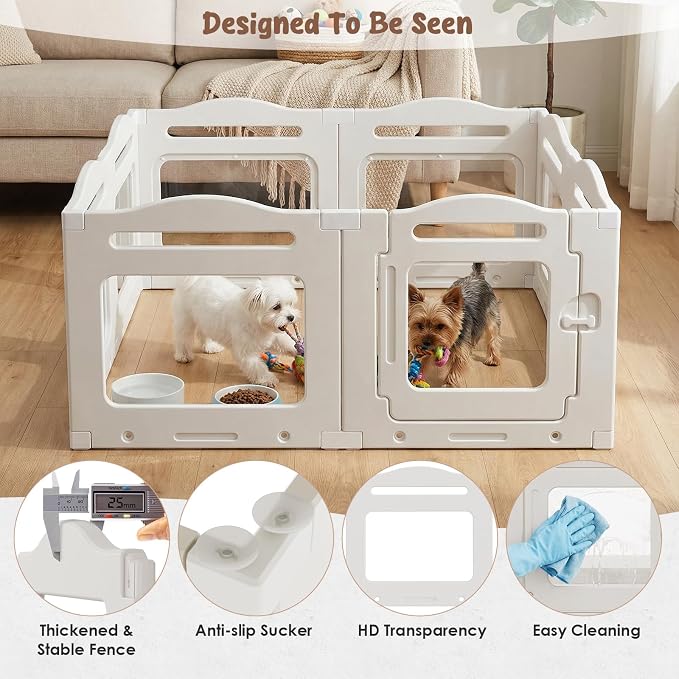 Clear Acrylic Dog Playpen Indoor, Puppy Kennel w/Locking Door, Pet Gate | 23.6 in 8-Panel Design, Easy to Clean & Install Play pen for Medium Dogs and Puppies, Stable Indoor Area Setup for Home Use