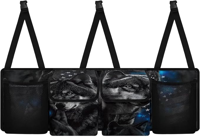 Wolf Theme Car Trunk Organizer for Women Men Car Back Seat Hanging Storage Bag Collapsible Auto Cargo Bag with 4 Large Pockets Auto Interior Accessories