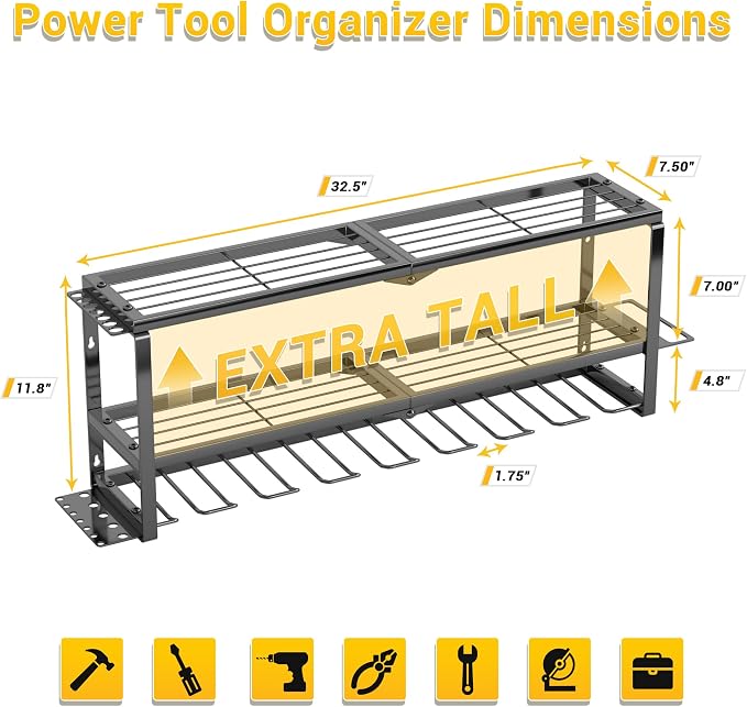 Extra Tall Power Tool Organizer Wall Mount,3 Layer,8 Drill Holder,Black | Loads 300 LBS,Heavy Duty Metal Extra Tall Tool Rack,For Battery Storage,Cordless Utility Tool Shelf for Garage, Workshop