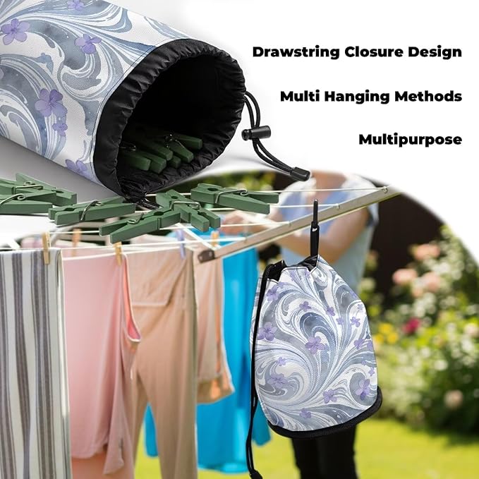 Portable Drawstring Clothespin Bag, Fluid Art Floral Laundry Peg Organizer Pouch with Hanging Loop, Compact Storage for Clips, Ideal for Drying Rack, Camping, Travel